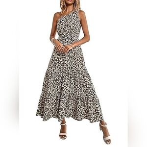Prettygarden Size Medium Maxi Dress One Shoulder Coffee Floral Print Ruffle Hem